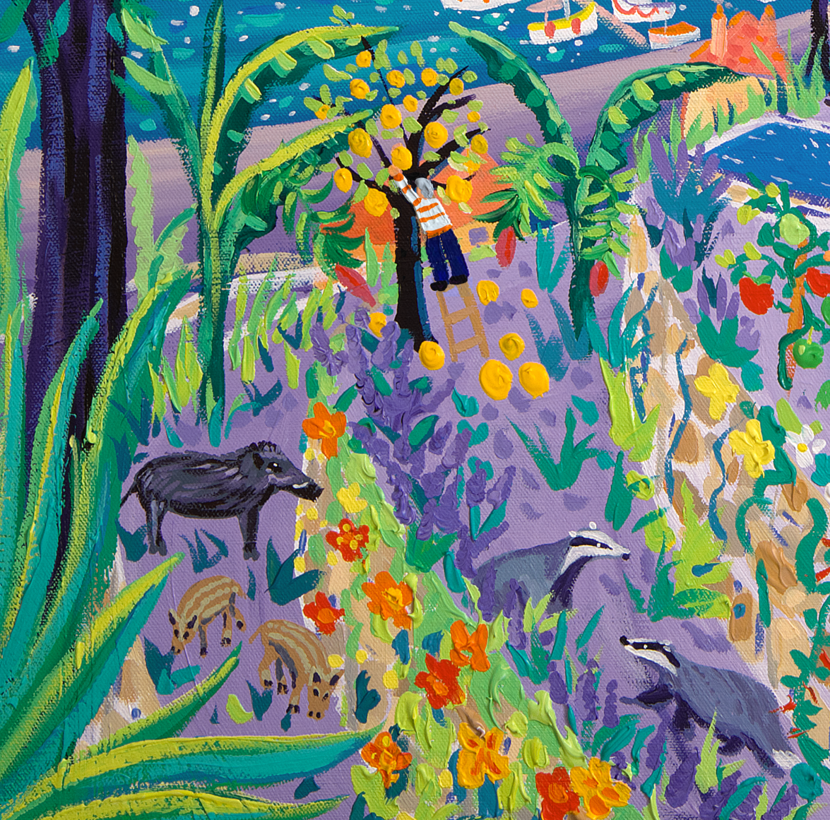 John Dyer Painting. Sailing past the Jardin Des Antipodes, Menton. 80cm x 80cm acrylic on canvas