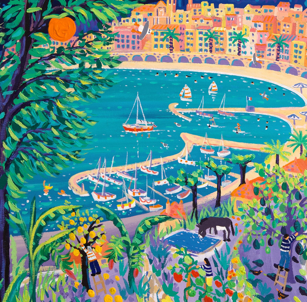 John Dyer Painting. Sailing past the Jardin Des Antipodes, Menton. 80cm x 80cm acrylic on canvas John Dyer