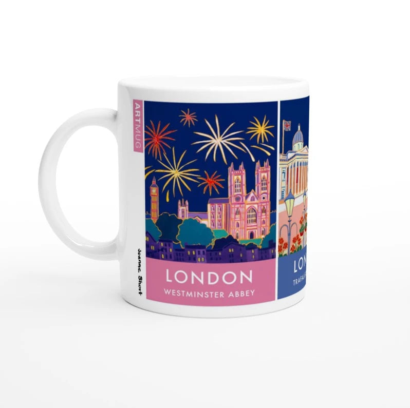 Joanne Short Ceramic Art Mug featuring London. Westminster Abbey, Trafalgar Square and the Natural History Museum Joanne Short