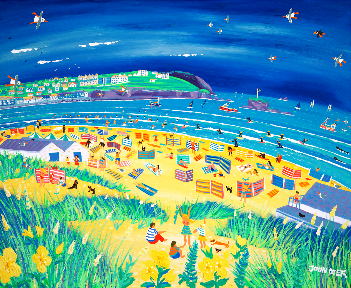 Painting of perranporth Beach in Cornwall by artist John Dyer. Windbreaks, surfers, topless woman and sausage dog.