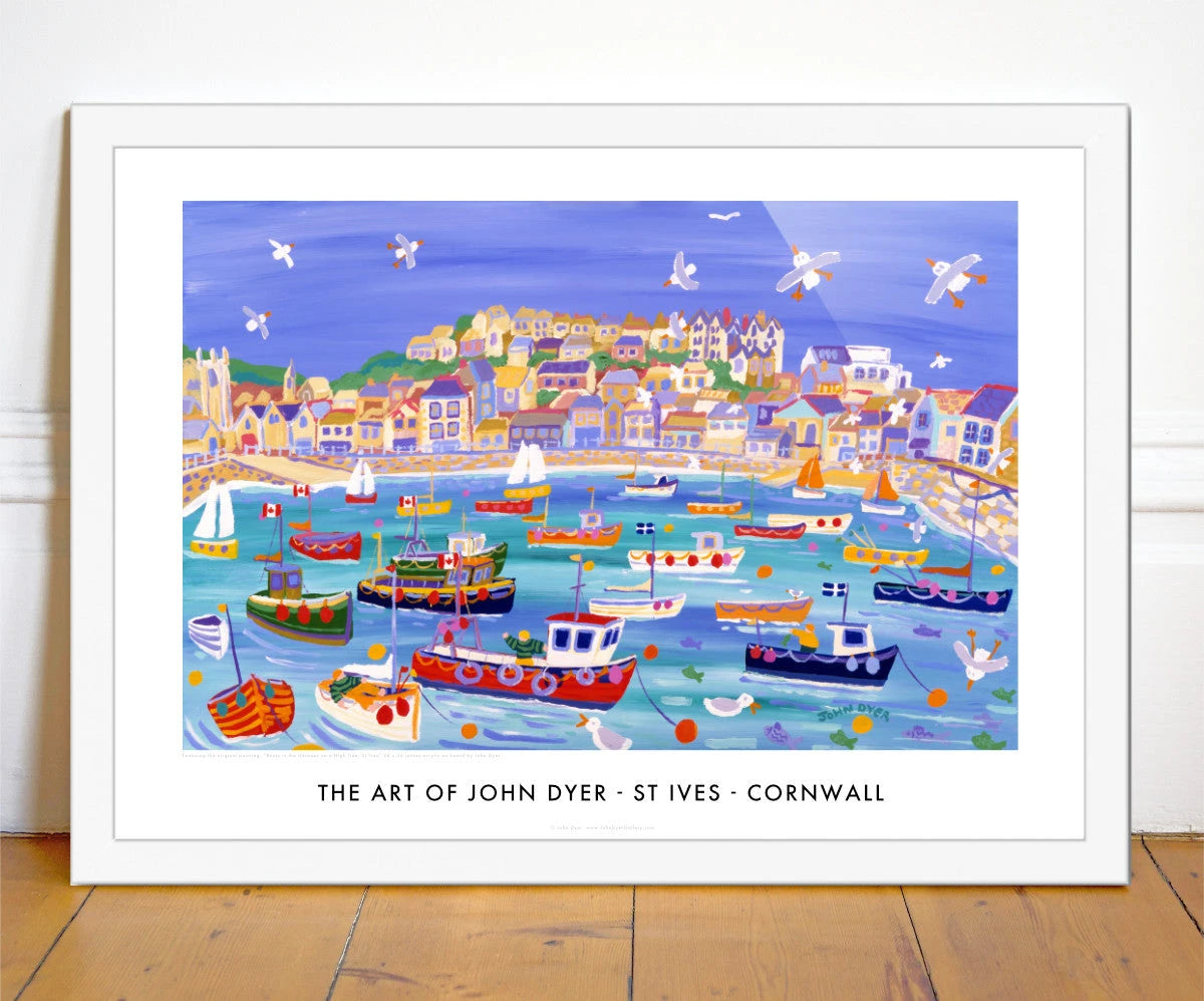 Poster of St Ives, Cornwall by John Dyer. Boats in the Harbour on a High Tide John Dyer