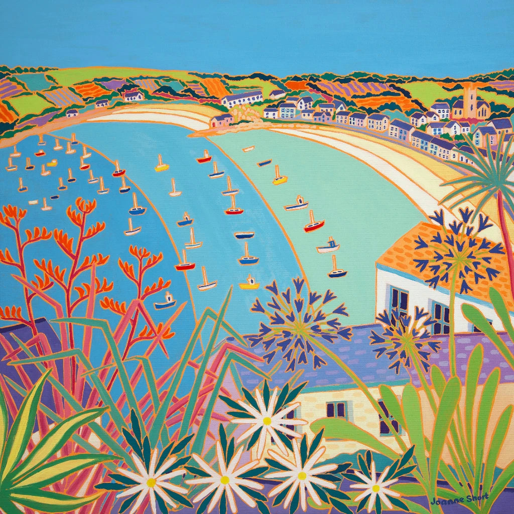 'Bobbing Boats, Hugh Town, St Mary’s’. 24x24 inches oil on canvas. Original Painting of Cornwall by Cornish Artist Joanne Short.