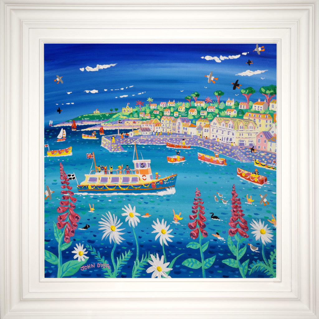 This stunning painting by Cornish artist John Dyer features the fun and colour of catching the St Mawes Ferry from Falmouth to the seaside village of St Mawes in Cornwall. Foxgloves and Cornish daisies fill the foreground through which we can see topless swimmers enjoying the cool water, seagulls and seals. A fabulously fun and narrative filled painting of St Mawes that is a fabulous example of this famous artist's work.