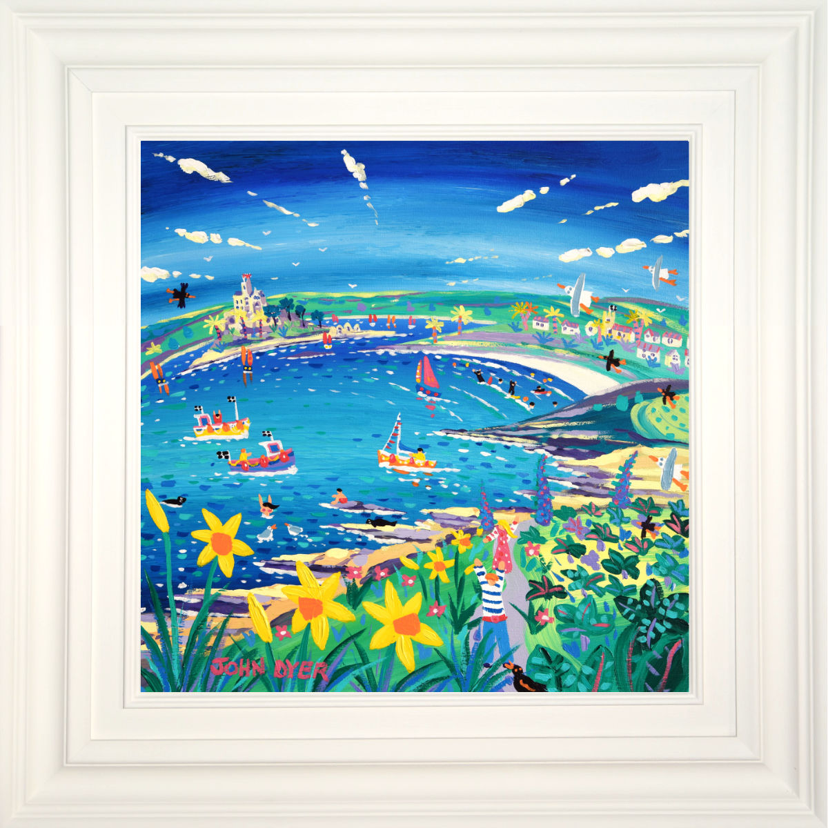 'Springtime Surfing and Sailing, St Michael's Mount', 18x18 inches acrylic on canvas. Cornwall Painting by Cornish Artist John Dyer. Cornish Art from our Cornwall Art Gallery