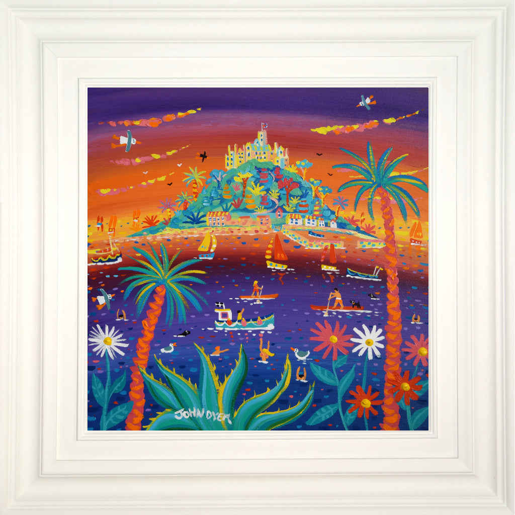 A wonderful painting full of colour, light and narrative by artist John Dyer that captures the sunset at St Michael's Mount in Cornwall. Sailing boats and paddle boarders drift past the sub tropical plants, palm trees and agave. The castle and the Mount glow in the setting sun. A stunning painting of Cornwall by this acclaimed artist.