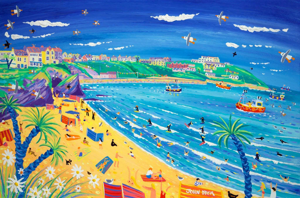 'Surfing and Sunbathing, Great Western Beach, Newquay', 24x36 inches acrylic on board. Cornwall Art Gallery Painting by Cornish Artist John Dyer