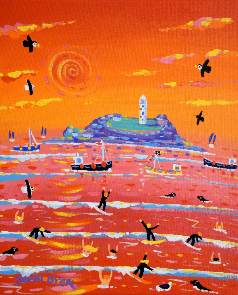 John Dyer Painting. Surfing the Sunset, Godrevy.
12 x 10 inches, acrylic on canvas John Dyer