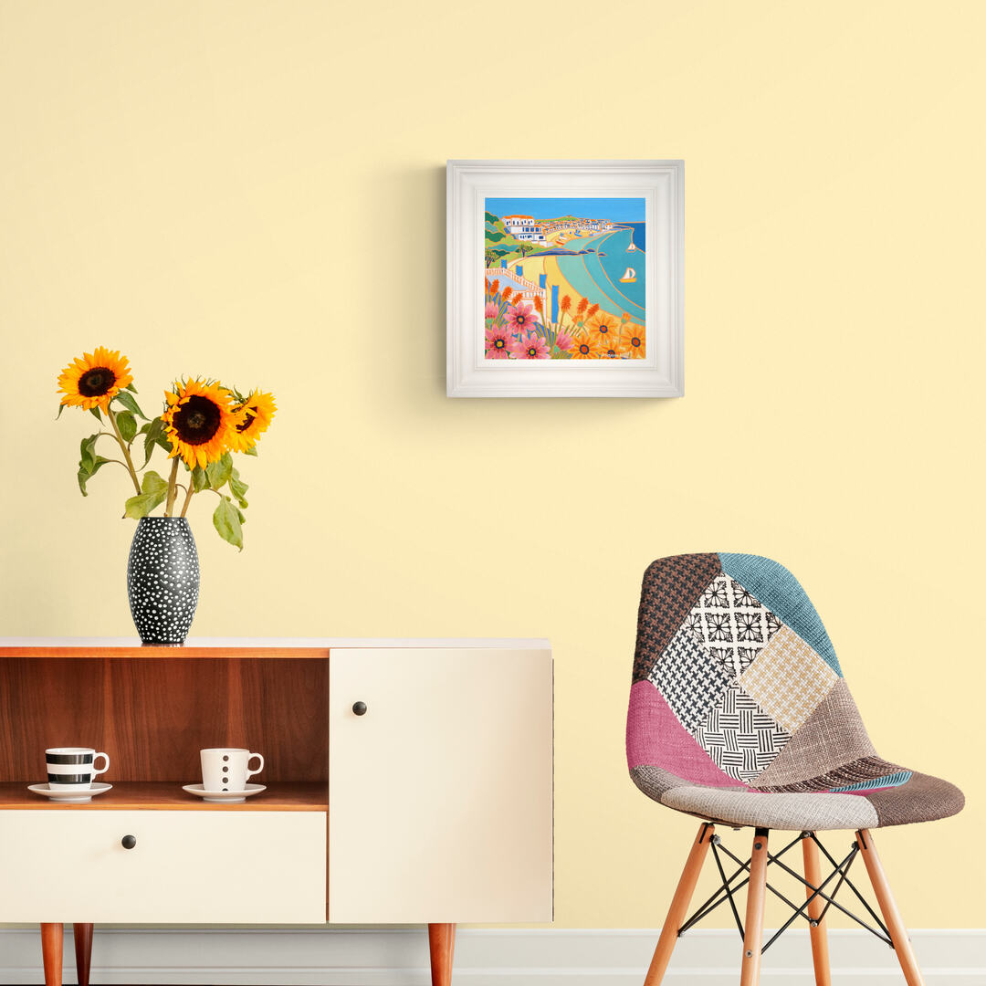 'Flowers and Flags Porthminster Beach St Ives', 12x12 inches oil on canvas. Painting by Cornish Artist Joanne Short. Cornish Art from our Cornwall Art Gallery