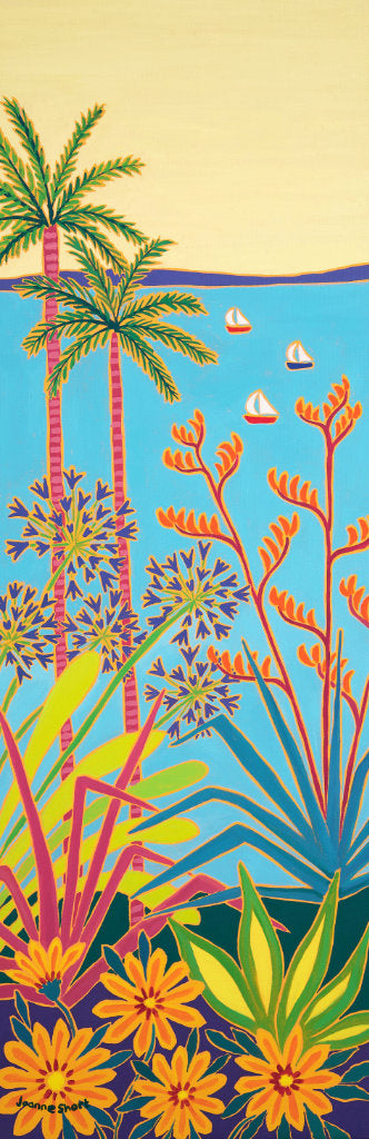 Tall palms stretch above the clear sea in this beautiful oil painting by Joanne Short. The stunning sub-tropical plants in the foreground bask in the warmth and sunshine of this unique garden, sheltering from the wind and enjoying the view. Tresco Abbey Gardens are a joy to behold, and this painting portrays the joy and colour it boasts whisking you back to the island in your mind’s eye; something very special to enjoy.