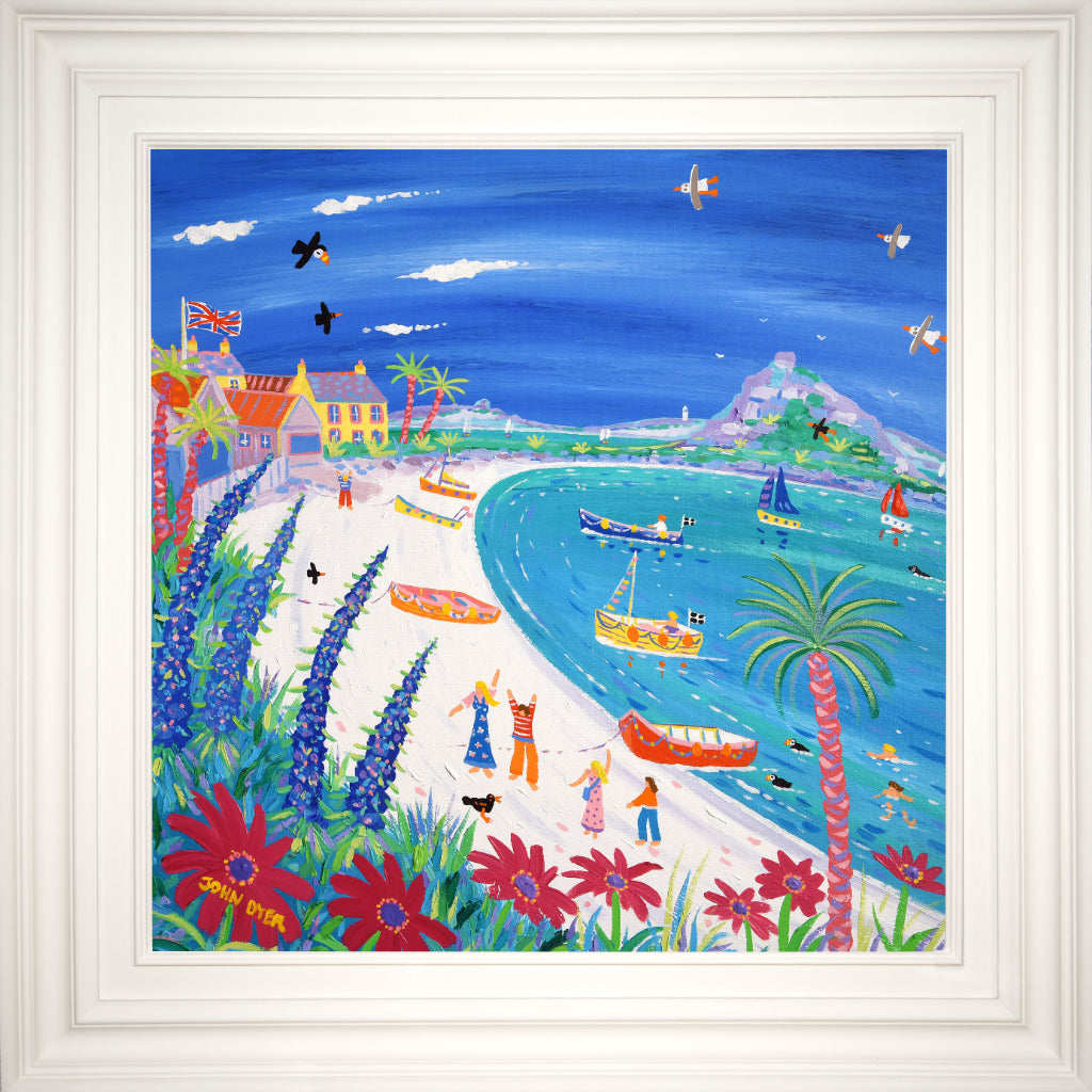 Blue echiums and tropical pink flowers on the beach at Old Grimsby on Tresco in the Isles of Scilly painted by John Dyer. Palm trees, boats, puffins, seagulls and a family on holiday.