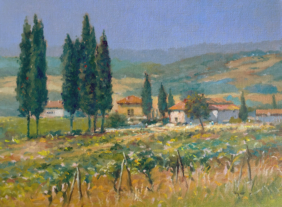 'Tuscan Farm in the Warmth of the Day, Italy', 12x16 inches original art oil on canvas. Paintings of Italy by Artist Ted Dyer. Cornwall Art Gallery Ted Dyer