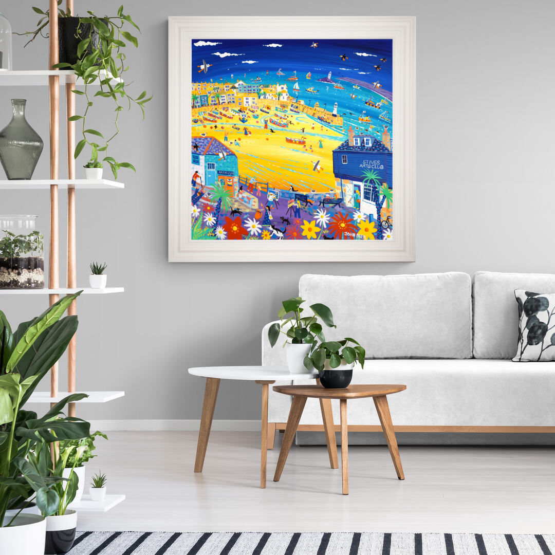 'Arty St Ives', 100x100 cm acrylic on canvas. Paintings of Cornwall by Cornish Artist John Dyer. Cornwall Art Gallery