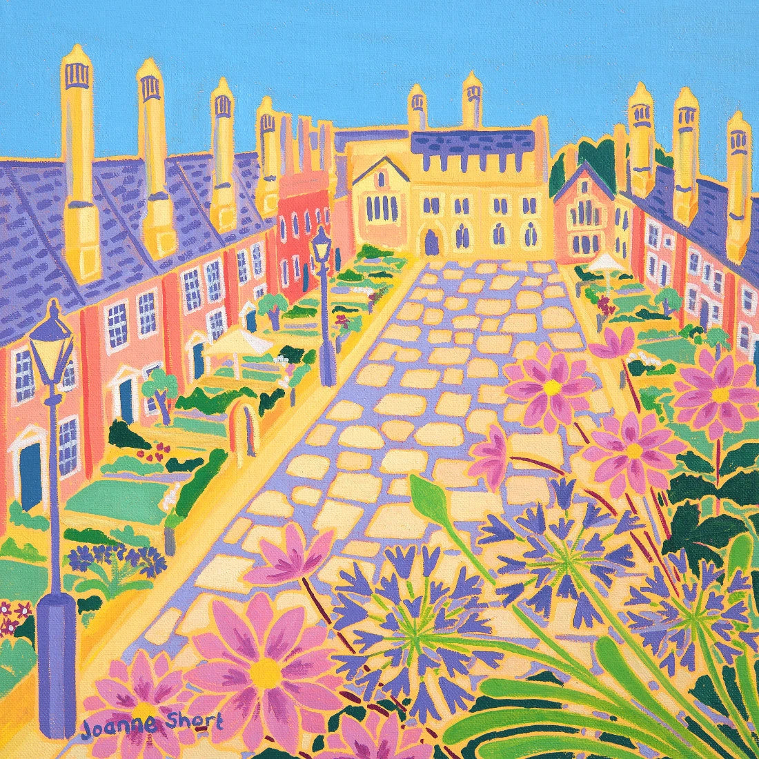 'Summer Flowers, Vicars' Close Garden, Wells'. 12x12 inches original art oil on canvas. Paintings of Somerset by Artist Joanne Short. Somerset Art Gallery Joanne Short