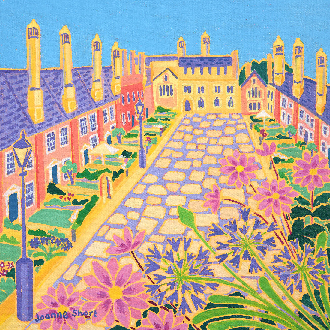 'Summer Flowers, Vicars' Close, Wells'. 12 x 12 inches oil on canvas. Somerset Art Gallery Original Art Painting by Artist Joanne Short