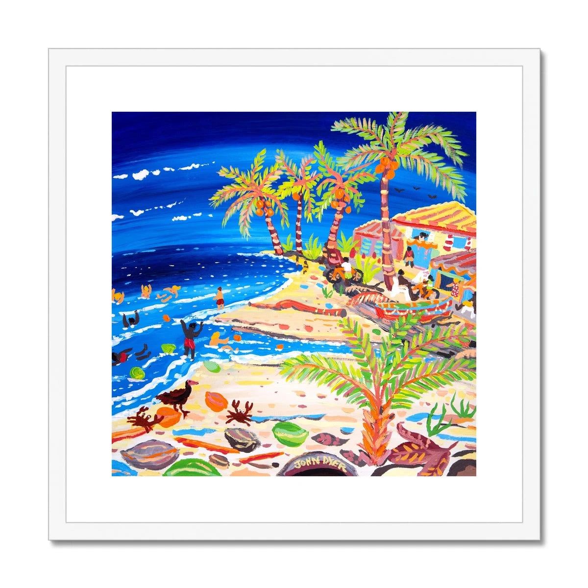 John Dyer Framed Open Edition Cornish Art Print. 'Blue Seas and Coconut Trees, Costa Rica Beach'. Caribbean Art Gallery John Dyer
