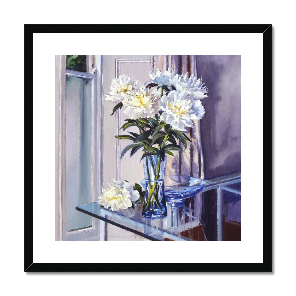 Ted Dyer Still Life Framed Open Edition Cornish Fine Art Print. 'White Peonies in a Blue Vase'. Cornwall Art Gallery Ted Dyer