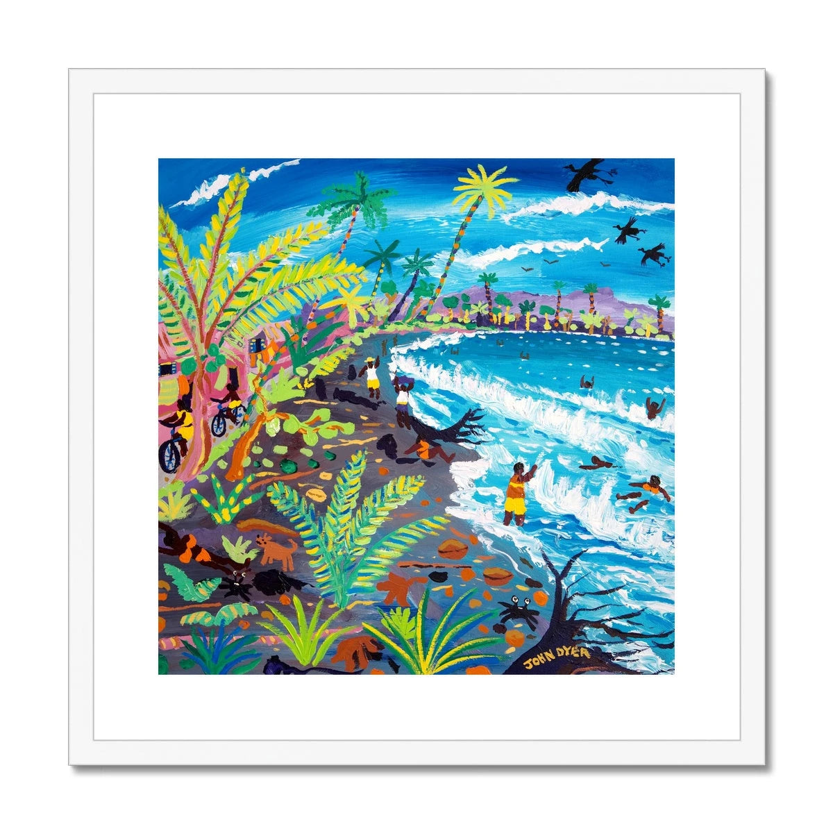 John Dyer Framed Open Edition Cornish Art Print. 'Caribbean Beach Life, Costa Rica'. Caribbean Art Gallery John Dyer