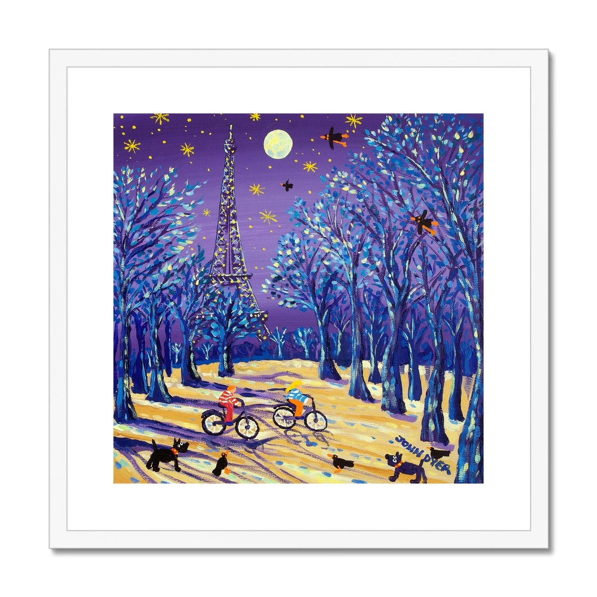 John Dyer Framed Open Edition French Art Print 'Cycling under the Moon, Eiffel Tower, Paris, France' French Art Gallery John Dyer