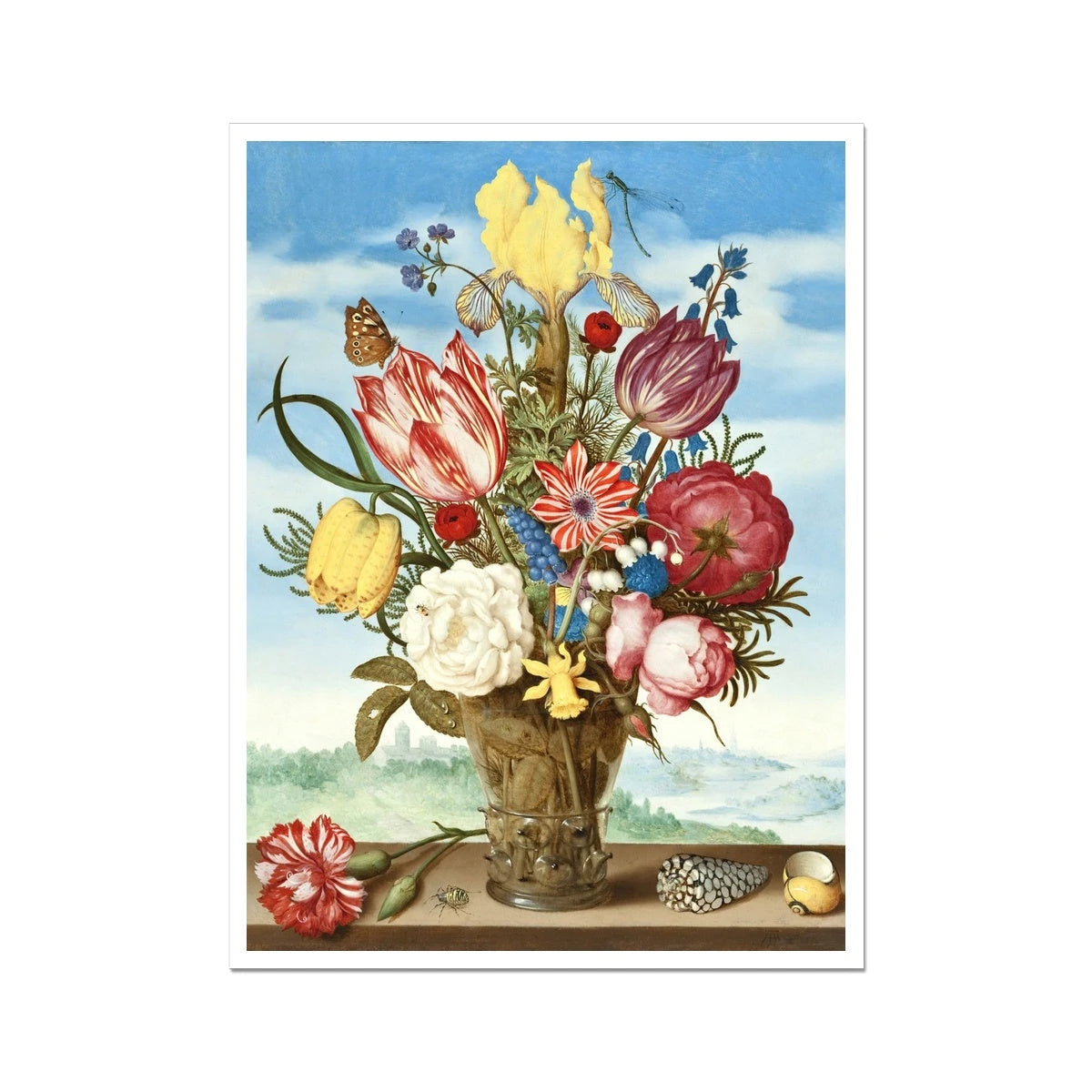 'Bouquet of Flowers on a Ledge'. Garden Flowers. Still Life by Ambrosius Bosschaert. Open Edition Fine Art Print. Historic Art Ambrosius Bosschaert