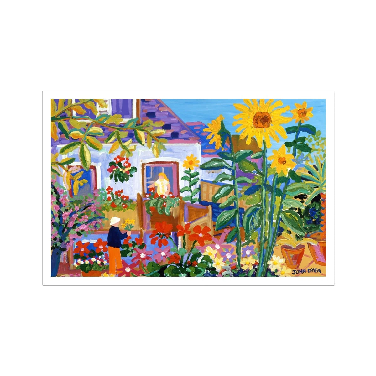 John Dyer Fine Art Print. Open Edition Cornish Sunflower Art Print. 'Collecting Flowers in a Cornish Garden'. Cornwall Art Gallery John Dyer
