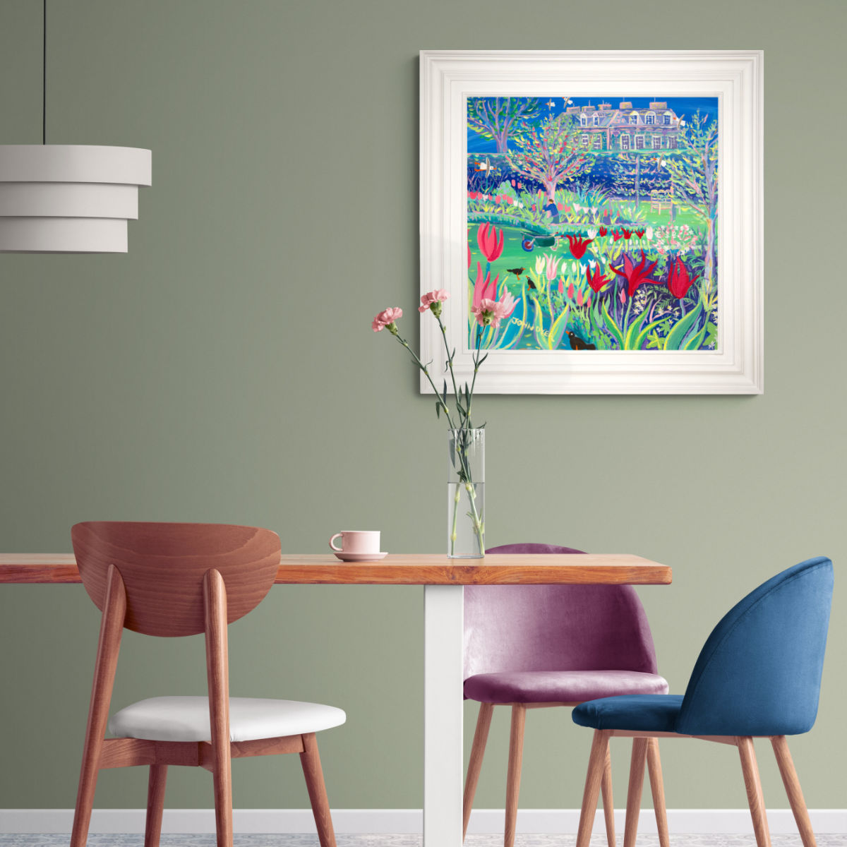 'The Flower Garden Antony House', 24x24 inches acrylic on canvas. Cornwall Painting by Cornish Artist John Dyer. Cornwall Art Gallery