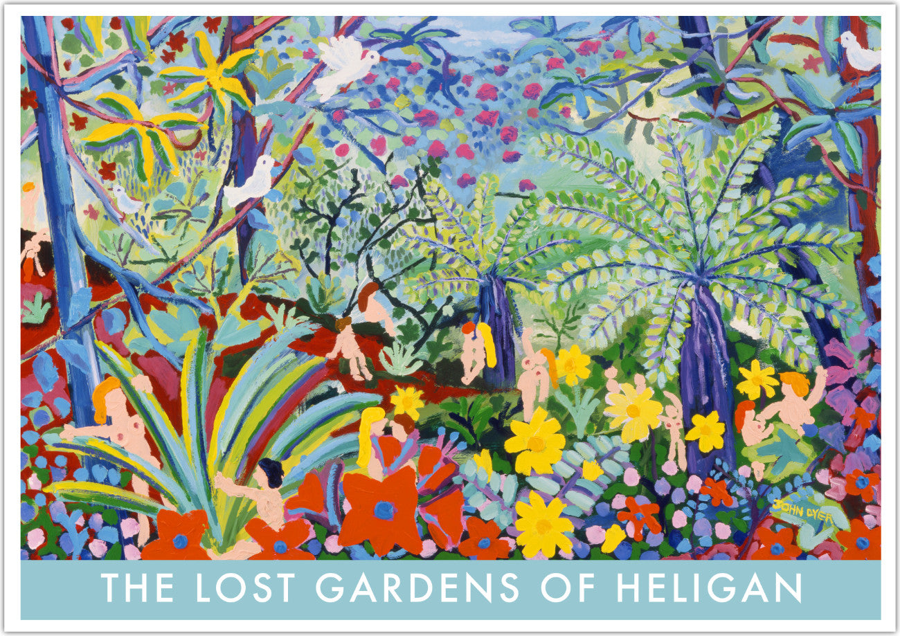 While the Lost Gardens of Heligan slept after the war and before restoration it was the playground for local Cornish lovers. This early John Dyer painting, that features on this fine art wall poster print, captures this lust for life and the fun of the secret encounters in the wild garden of Heligan. Fabulous fun and beautifully presented in this vintage style poster form and available framed or unframed in a range of sizes.