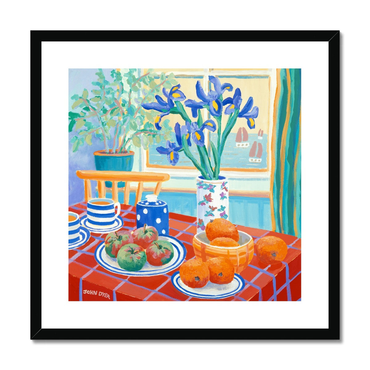John Dyer Framed Open Edition Still Life Cornish Art Print. 'Blue Irises on a Cornish Table'. Cornwall Art Gallery