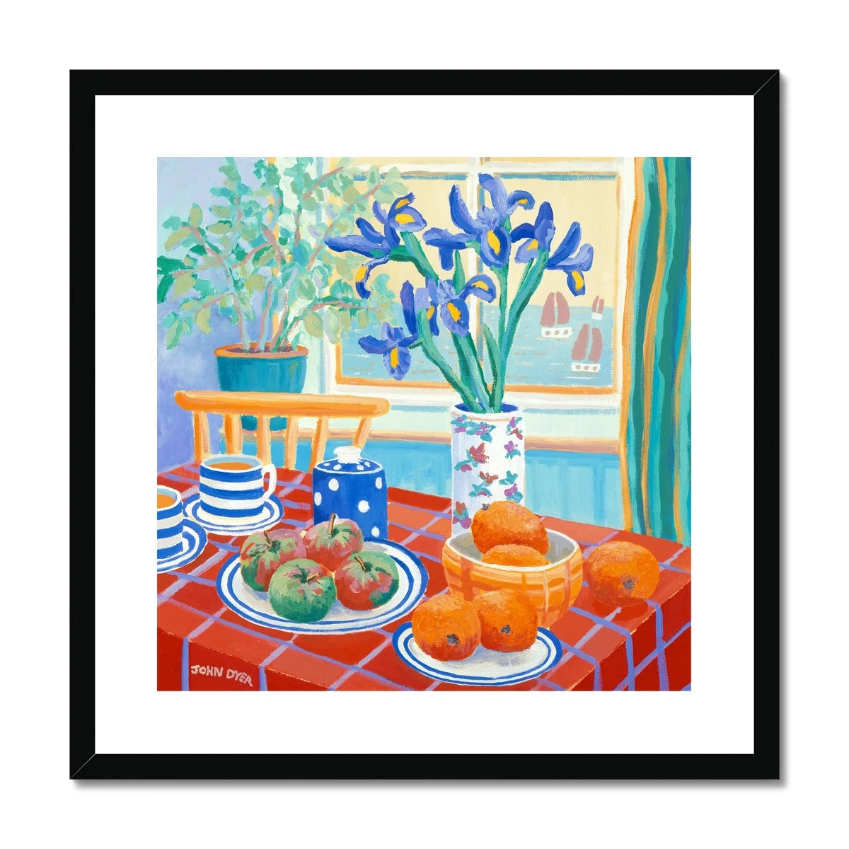 John Dyer Framed Open Edition Still Life Cornish Art Print. 'Blue Irises on a Cornish Table'. Cornwall Art Gallery John Dyer