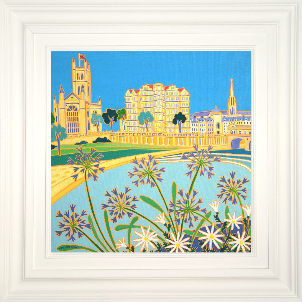 Joanne Short Painting. Riverside Agapanthus, Bath. 18 x 18 inches oil on canvas