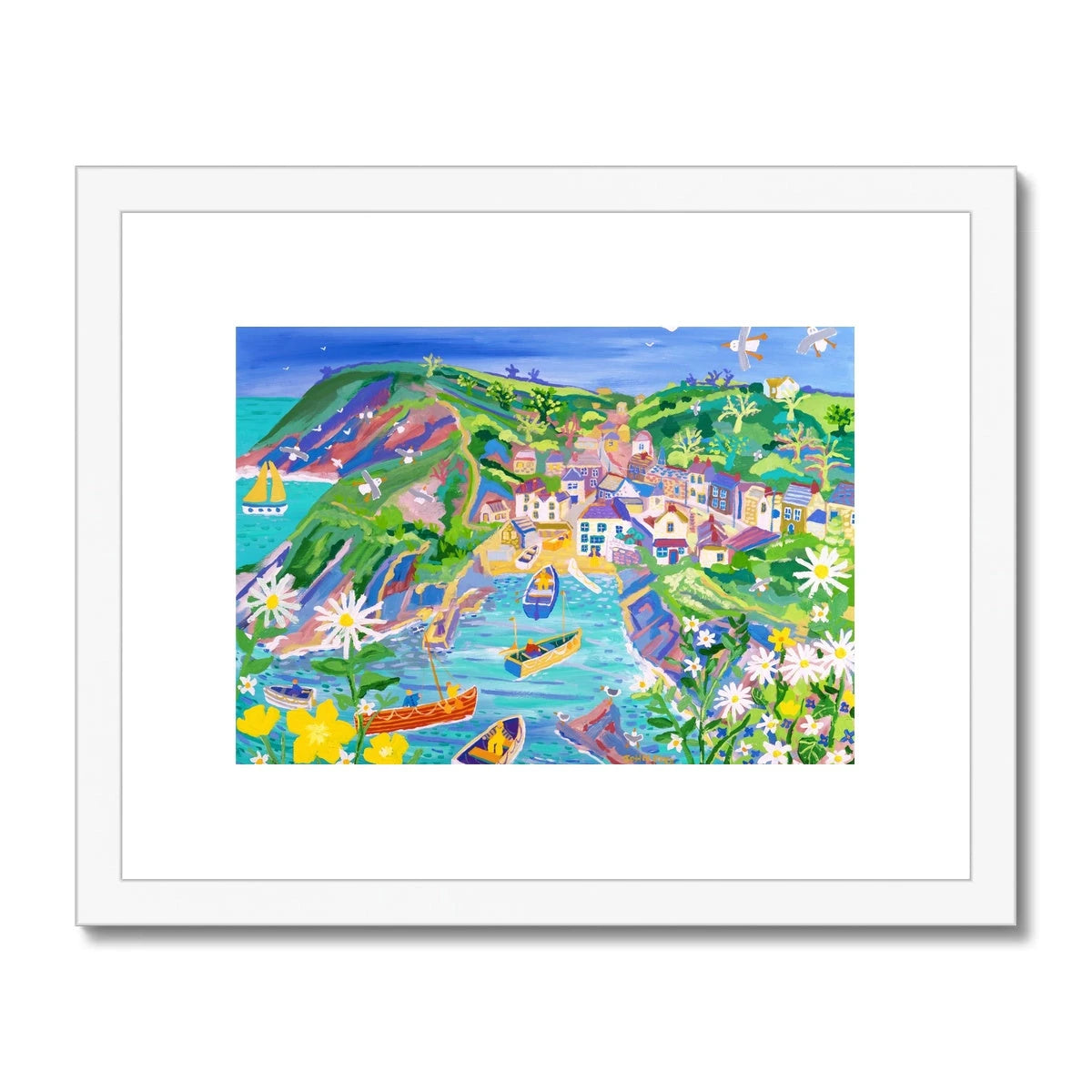 John Dyer Framed Open Edition Cornish Fine Art Print. 'Moon Daisies and Fishermen, Port Loe'. Cornwall Art Gallery John Dyer