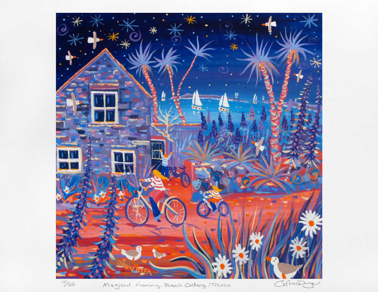 Limited Edition Print by Cornish Artist John Dyer. Magical Evening, Beach Cottage, Tresco. Cornwall Art Gallery Print
