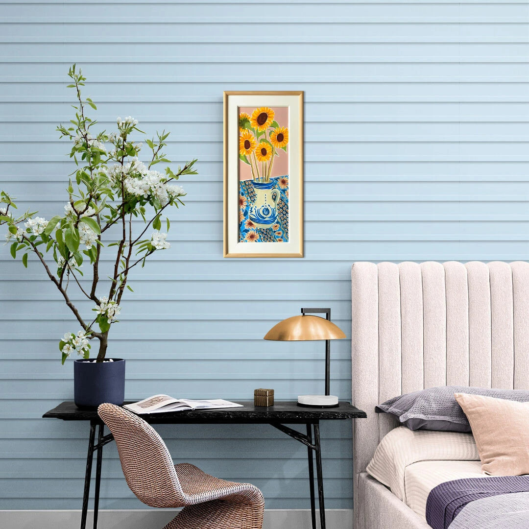 Original Still Life Painting by Joanne Short. Yellow Sunflowers and Blue Tablecloth. Provence, France. Joanne Short