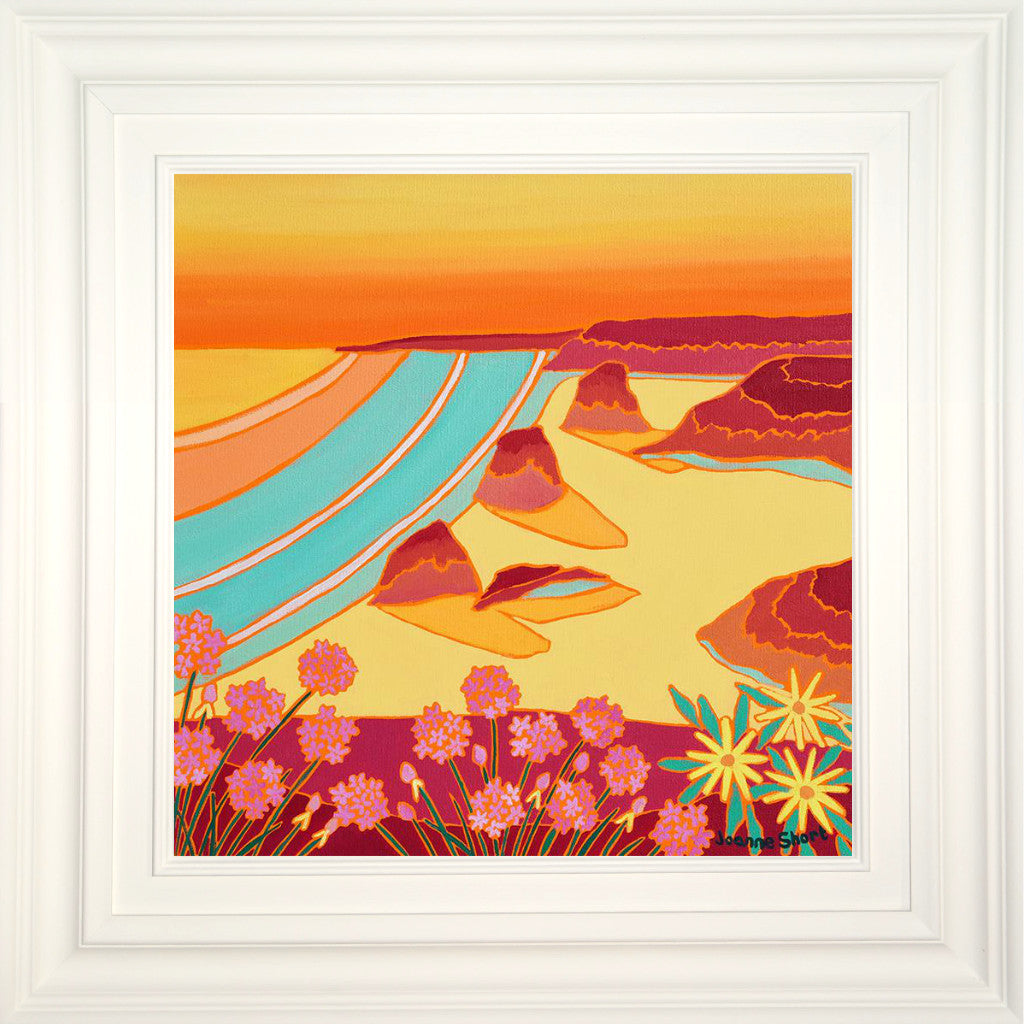 Original Painting by Joanne Short. Summer Sunset, Bedruthan Steps, Cornwall.