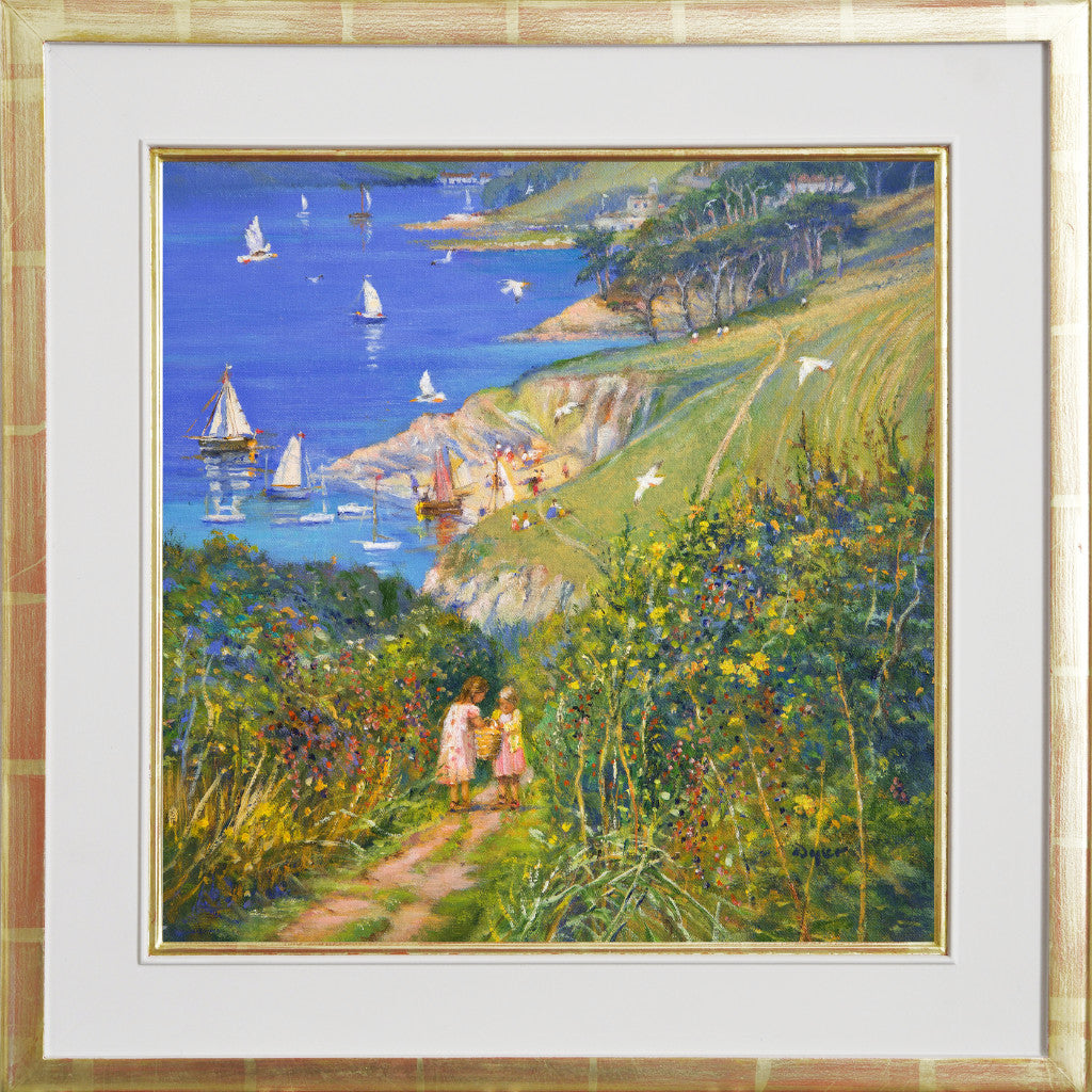 'Blackberry Picking. St Anthony Head', 14x14 inches original art oil on canvas. Paintings of Cornwall by Cornish Artist Ted Dyer. Cornwall Art Gallery