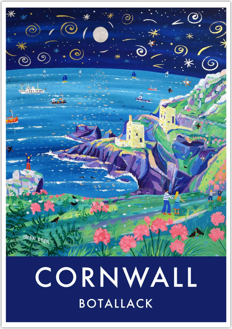 Cornish art print of the Botallack Tin Mines, Cornwall by Cornish Artist John Dyer. Cornwall Art Gallery, Vintage Style Posters. John Dyer