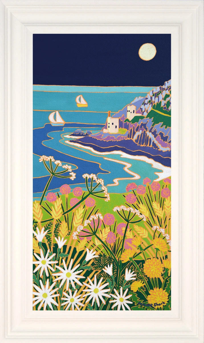 'Full Moon over the Mines, Botallack'. 23.5x12 inches original art oil on canvas. Paintings of Cornwall by Artist Joanne Short. Cornwall Art Gallery Joanne Short