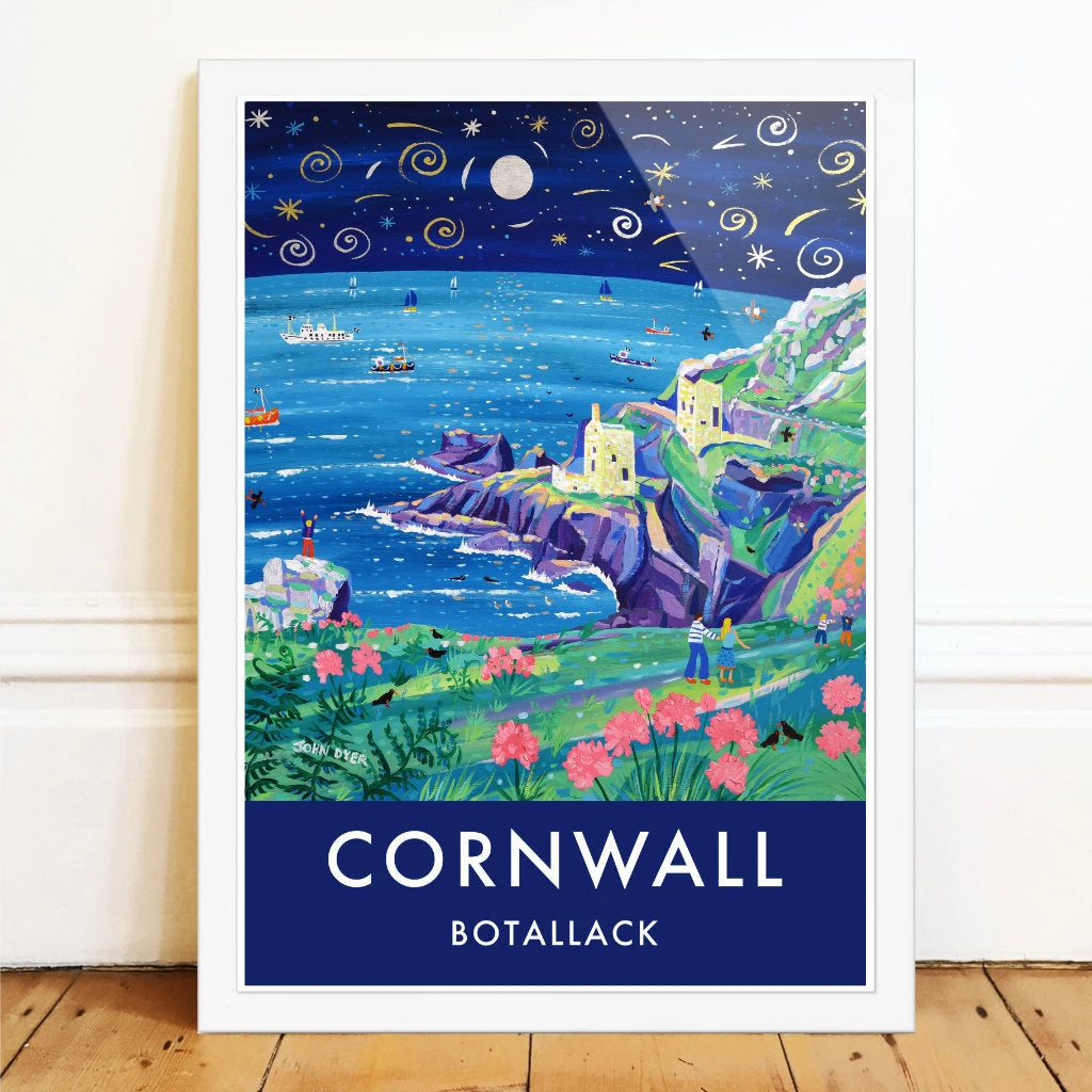Cornish art print of the Botallack Tin Mines, Cornwall by Cornish Artist John Dyer. Cornwall Art Gallery, Vintage Style Posters. John Dyer