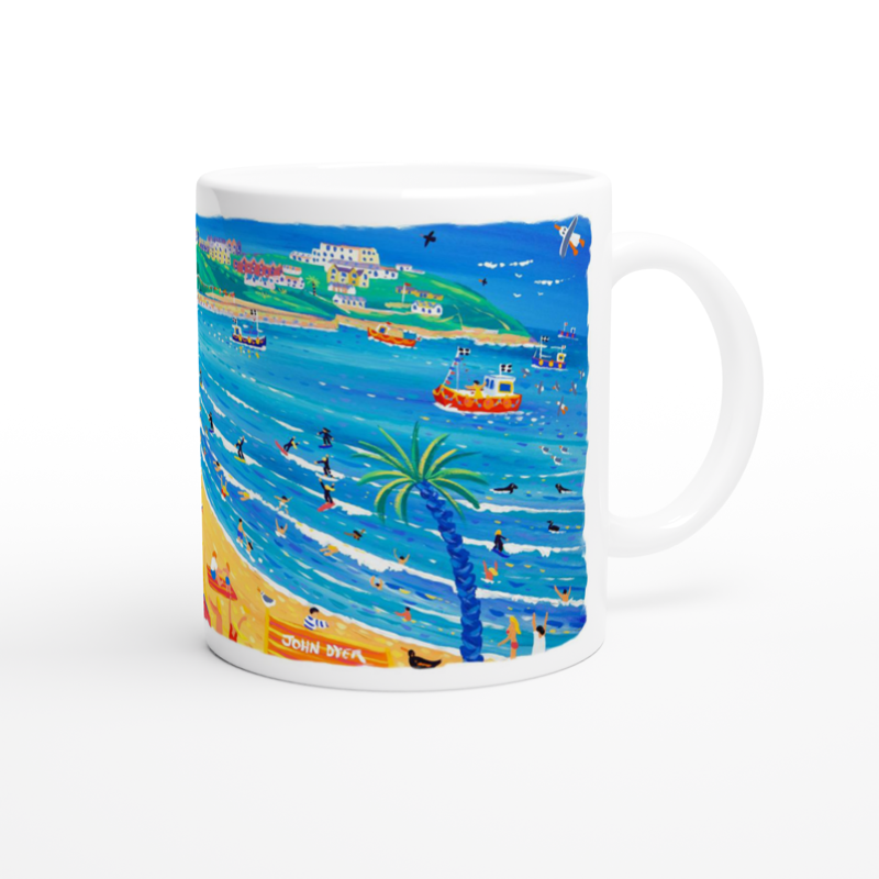 John Dyer Ceramic Cornish Art Mug. Surfing and Sunbathing Great Western Beach, Newquay