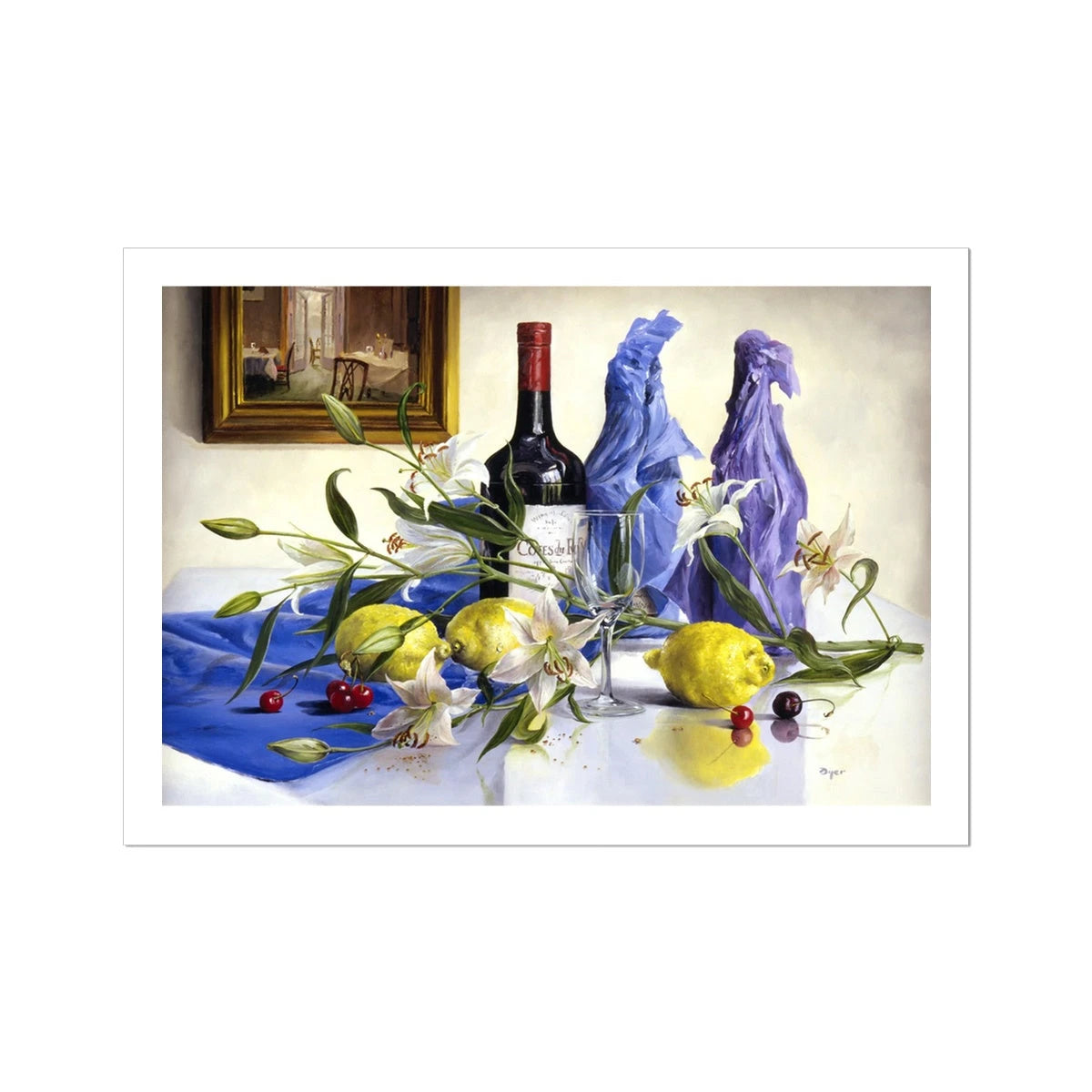 Ted Dyer Fine Art Print. Open Edition Cornish Art Print. 'White Lilies, Lemons and Red Wine Still Life'. Cornwall Art Gallery Ted Dyer