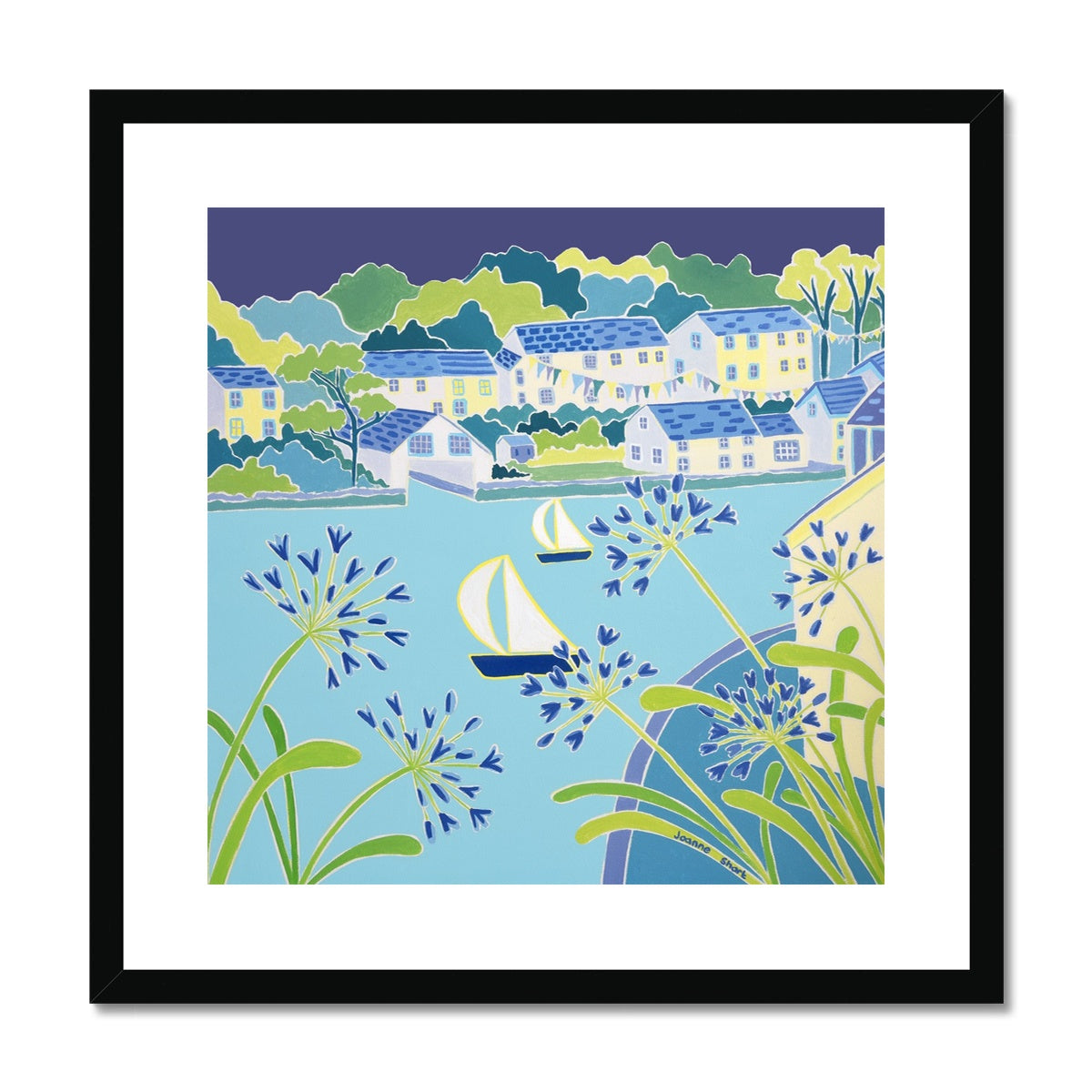 Joanne Short Framed Open Edition Cornish Fine Art Print. 'Sailing past the Agapanthus, Helford'. Cornwall Art Gallery