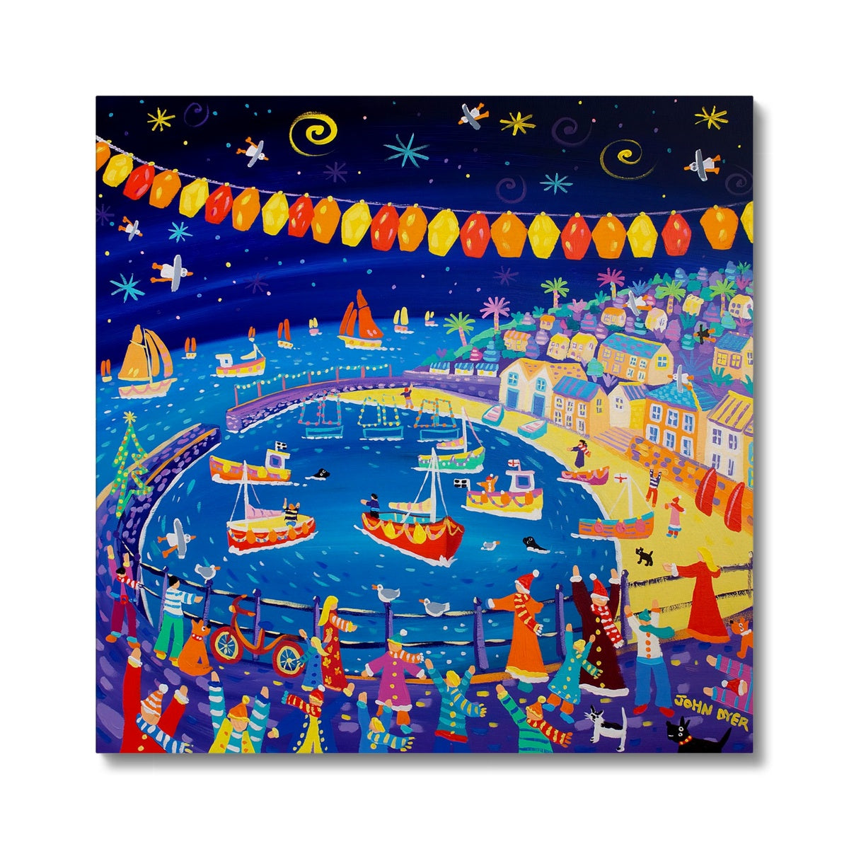 Christmas Lights, Mousehole, Cornwall - Canvas Art Print by John Dyer