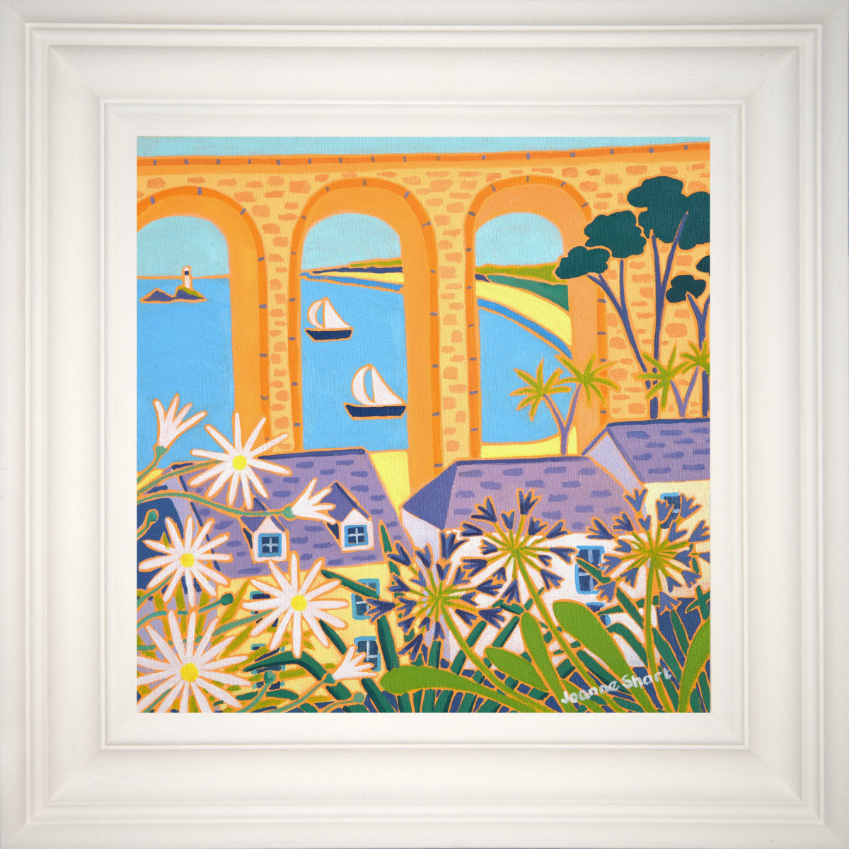 'Sailing Past the Viaduct Carbis Bay', 12x12 inches oil on canvas. Painting by Cornish Artist Joanne Short. Cornish Art from our Cornwall Art Gallery