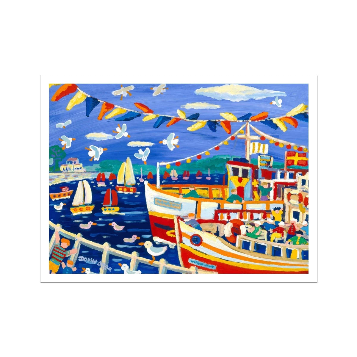 John Dyer Fine Art Print. Open Edition Cornish Art Print. 'Beanie Hats and Pleasure Boats, Falmouth'. Cornwall Art Gallery John Dyer
