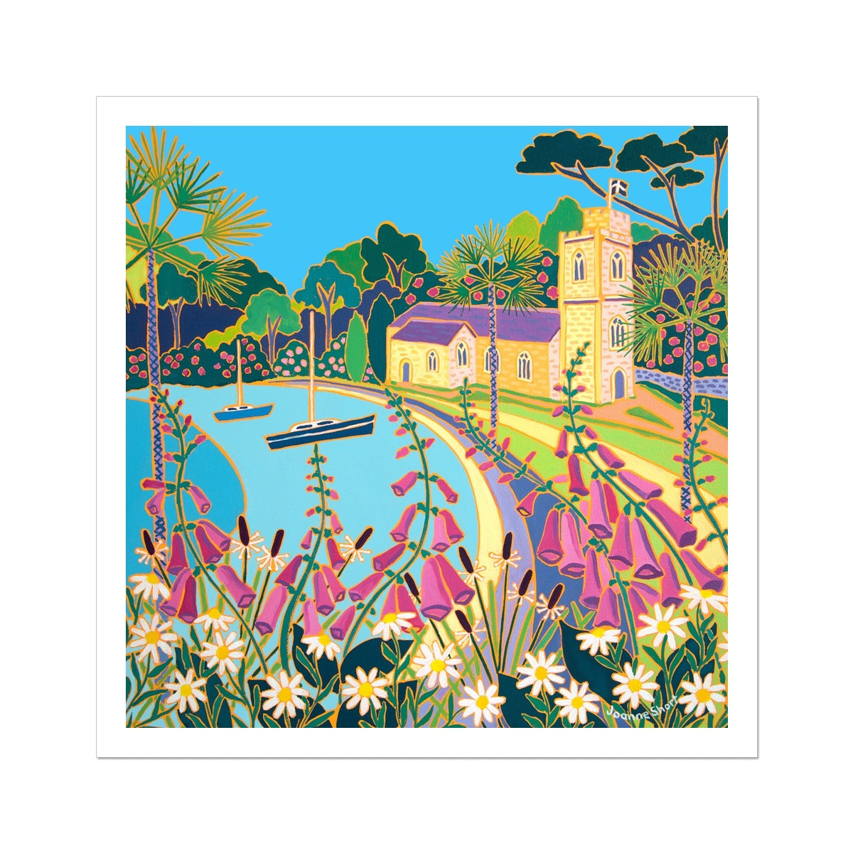 Joanne Short Fine Art Open Edition Cornish Art Print. 'Spring Flowers at High Tide, St Just in Roseland'. Cornwall Art Gallery