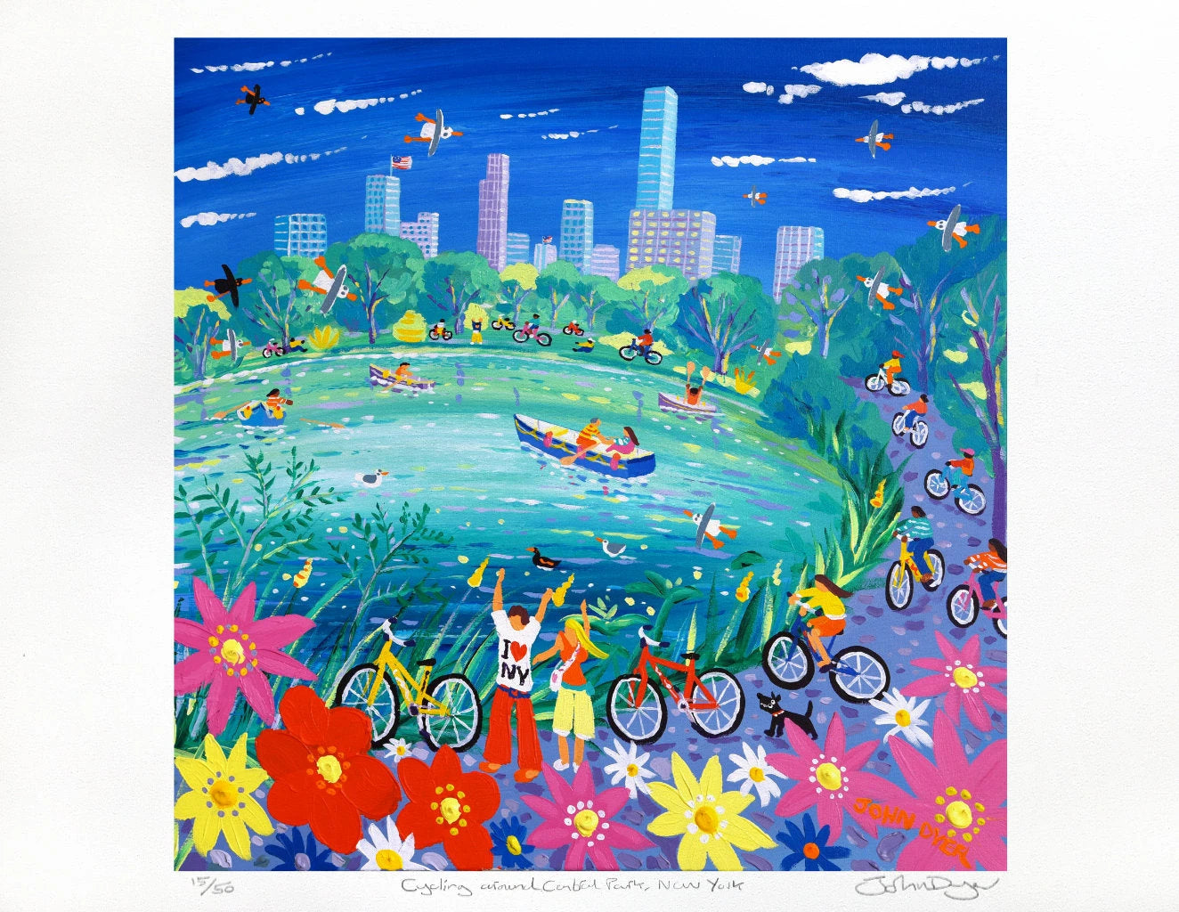 Limited Edition Print by British Artist John Dyer. 'Cycling around Central Park, New York'. American Art Gallery Print John Dyer
