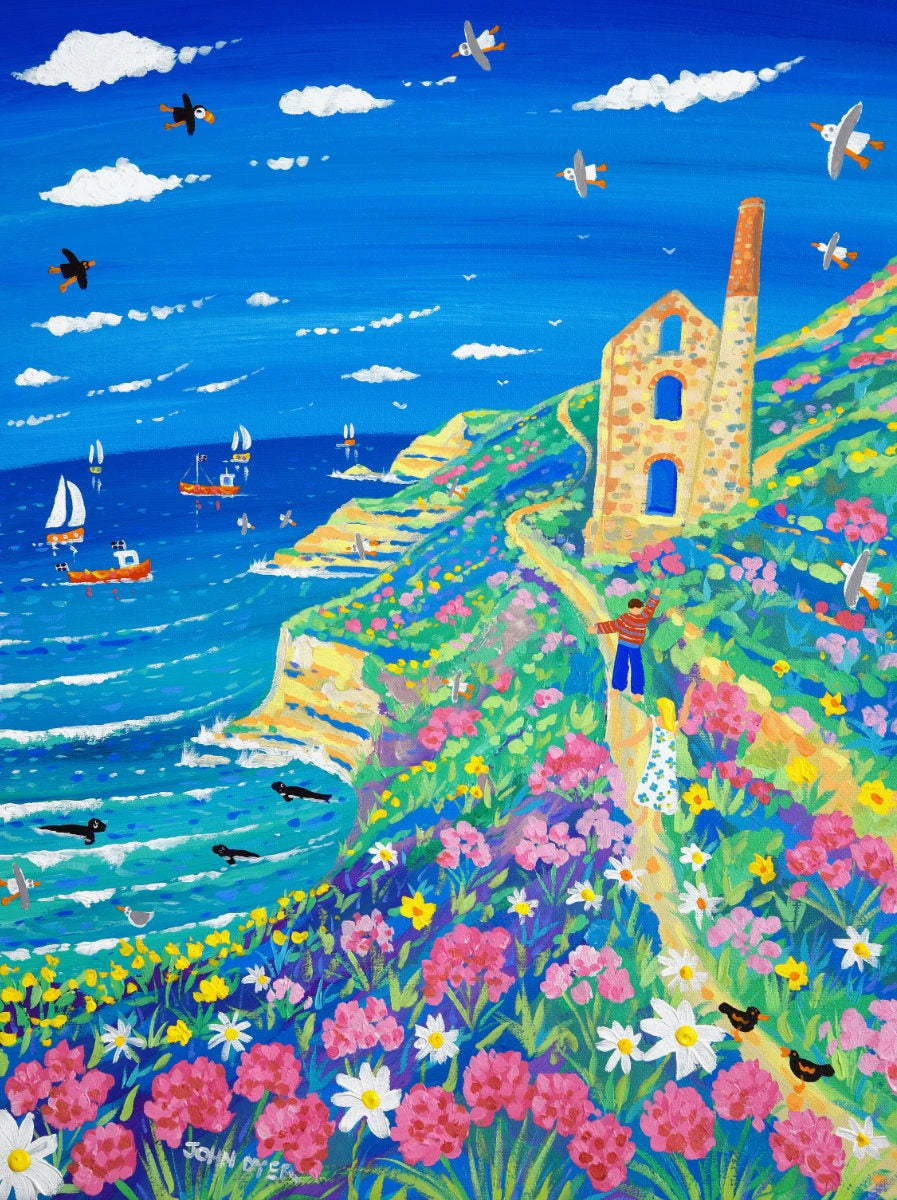 Signed Limited Edition Print by Cornish Artist John Dyer. 'Wild Cornish Walk, Chapel Porth'. Cornwall Art Gallery Print John Dyer
