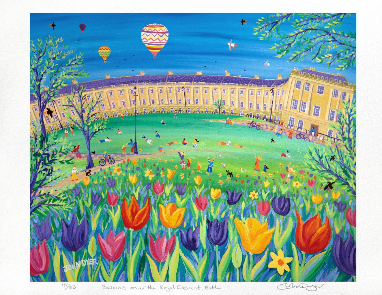 Limited Edition Garden Print by John Dyer. 'Balloons over the Royal Crescent, Bath'. Somerset Art Print John Dyer