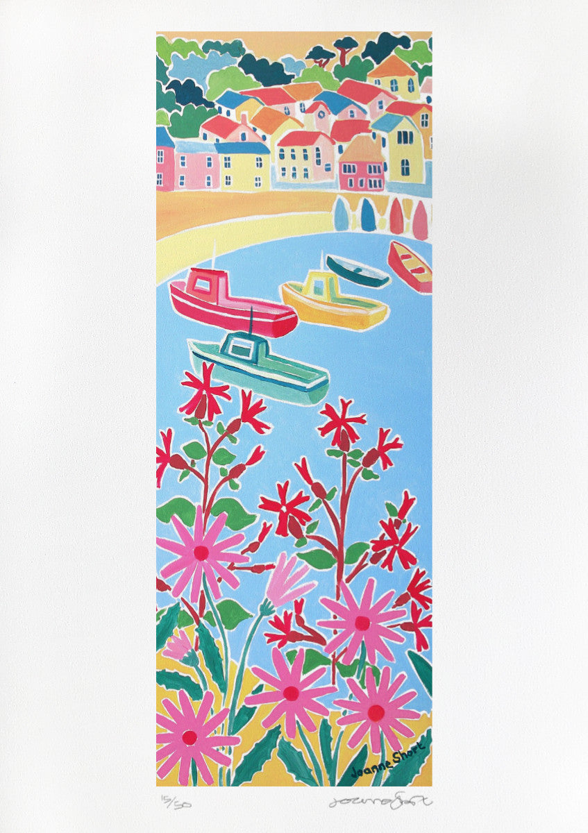 Signed Limited Edition Print by Cornish Artist Joanne Short. 'Clear Blue Sea and Wild Flowers, Mousehole'. Cornwall Art Gallery Print