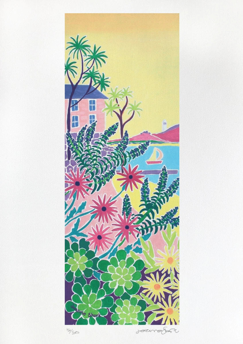 Limited Edition Print by Cornish Artist Joanne Short. 'Sailing Past the Lighthouse, Tresco'. Cornwall Art Gallery Beach Print Joanne Short
