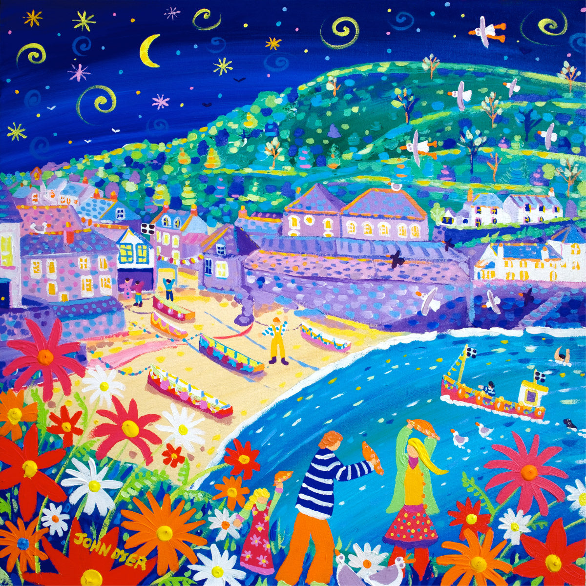 Limited Edition Print by Cornish Artist John Dyer. 'Dancing with Pasties, Port Isaac'. Cornwall Art Gallery Print
